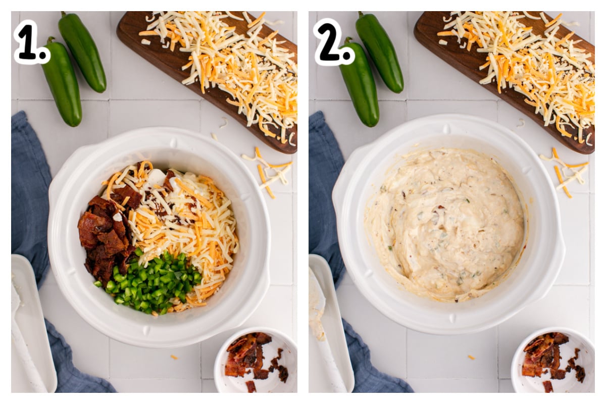 two images showing how to make jalapeno popper dip in a slow cooker.