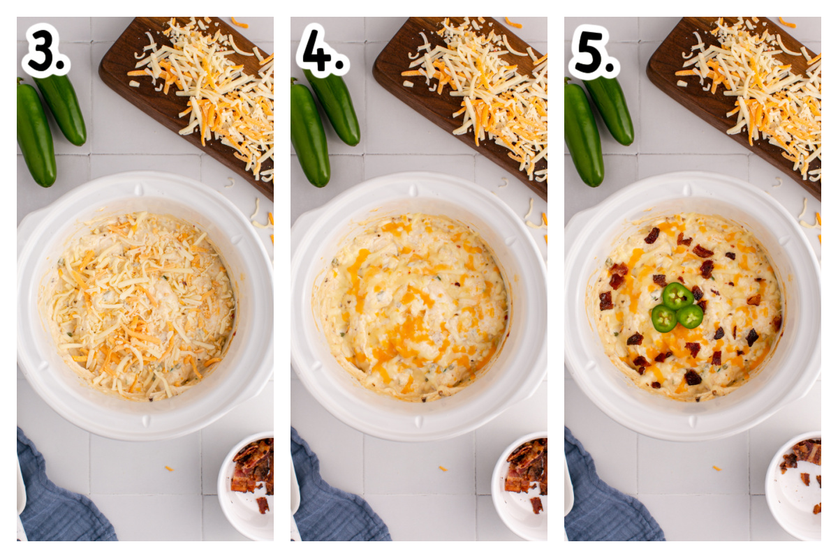 three images showing how to make slow cooker jalapeno popper dip.