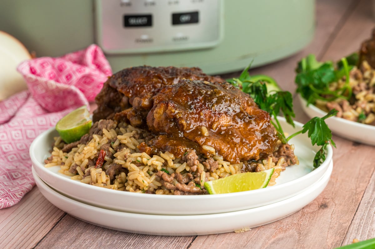 serving of slow cooker Jamaican jerk chicken with rice.