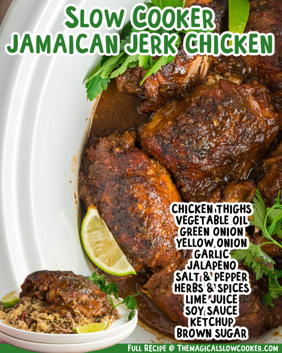two images of slow cooker Jamaican jerk chicken with text list of ingredients.