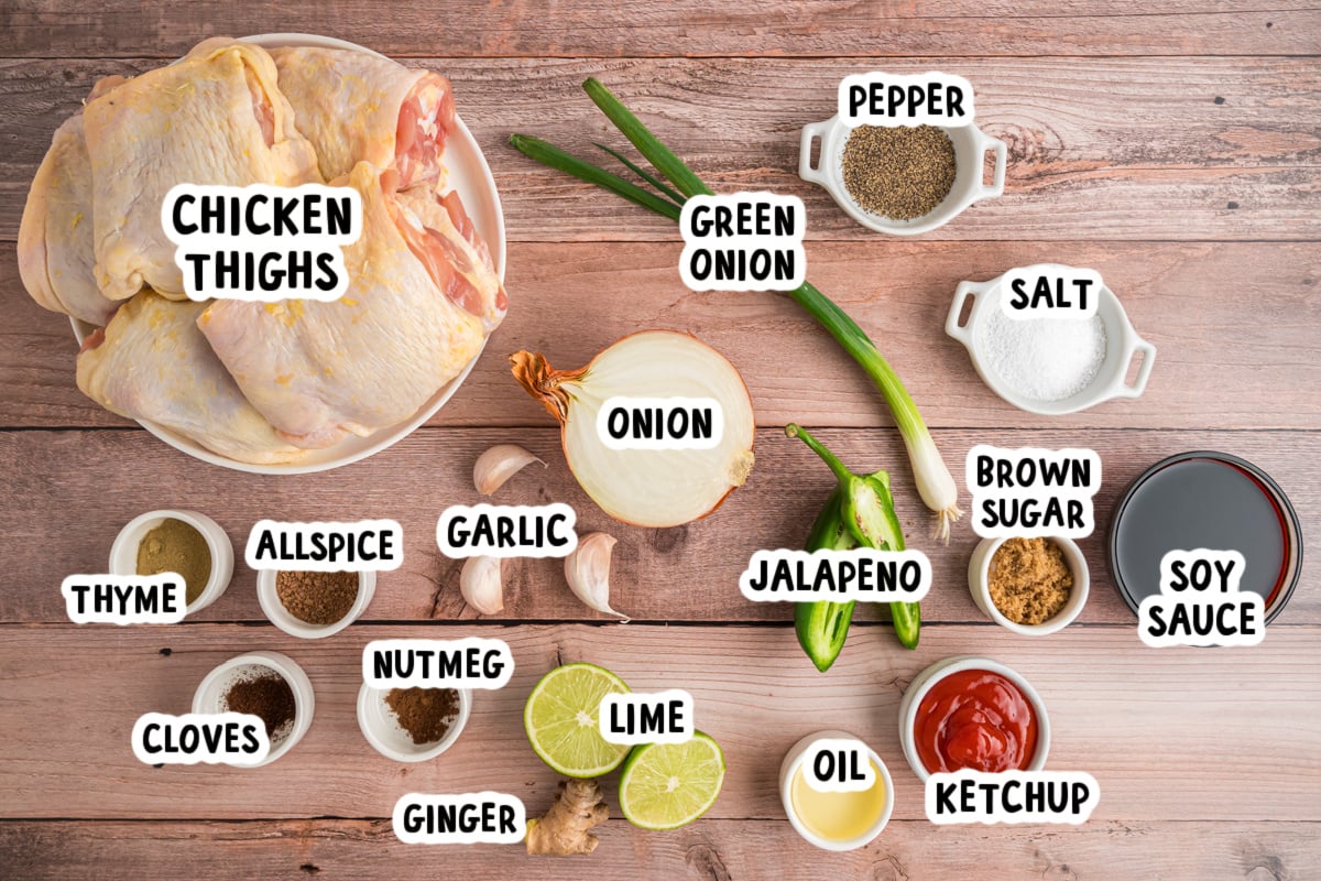 ingredients for Jamaican jerk chicken on a table.