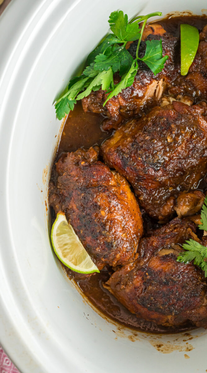 long image of slow cooker Jamaican jerk chicken.