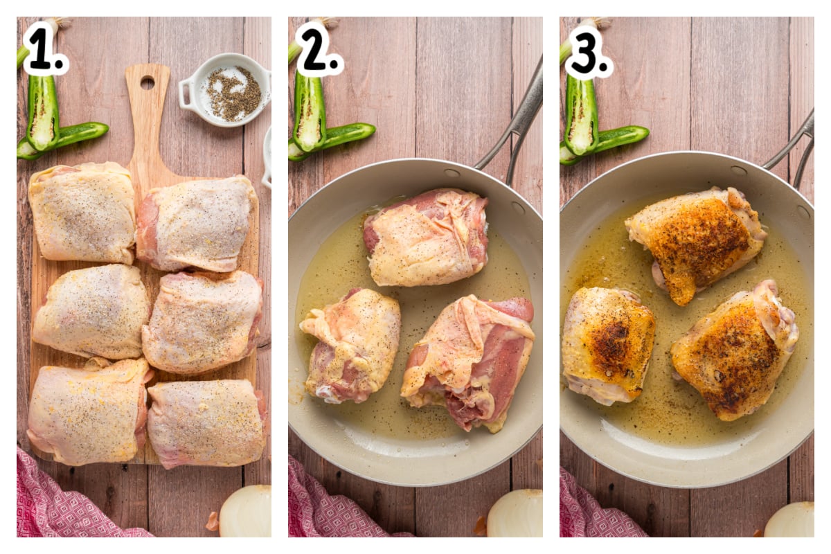 three images showing how to make slow cooker Jamaican jerk chicken.