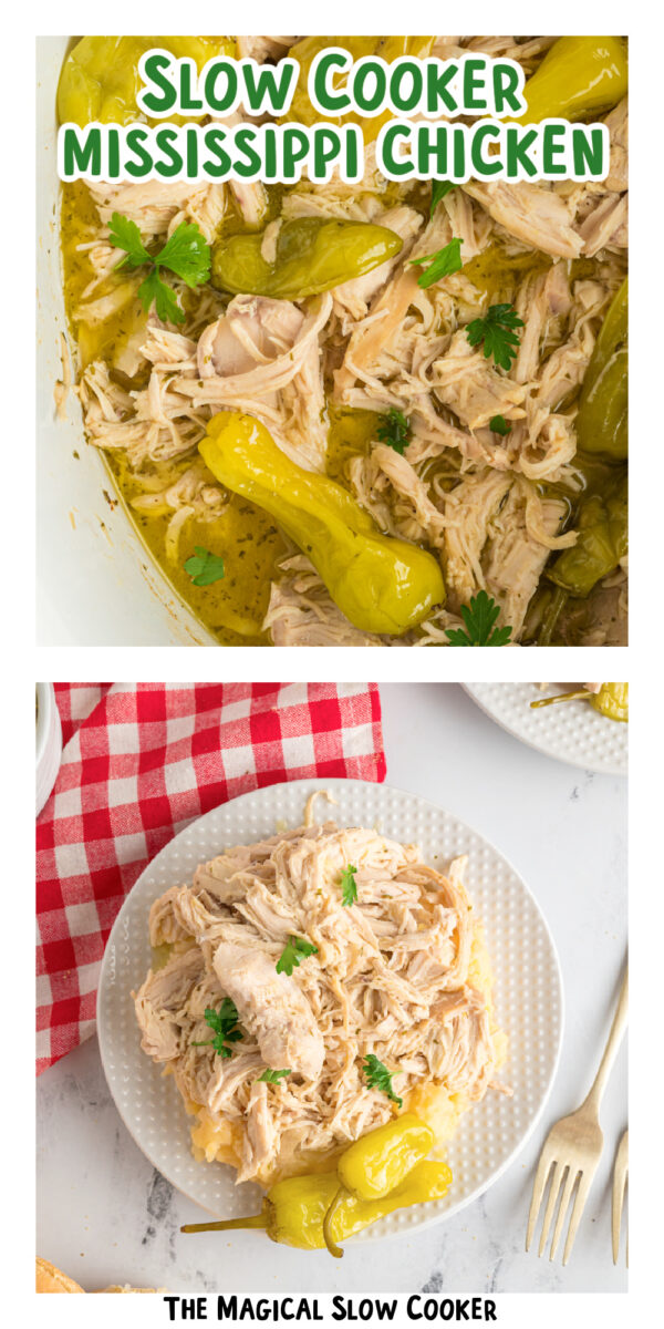 two images of slow cooker mississippi chicken with text overlay.
