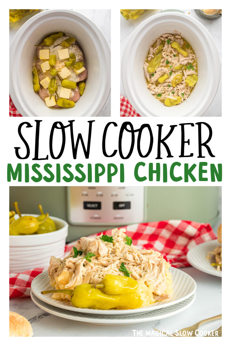 three images of slow cooker mississippi chicken for pinterest.