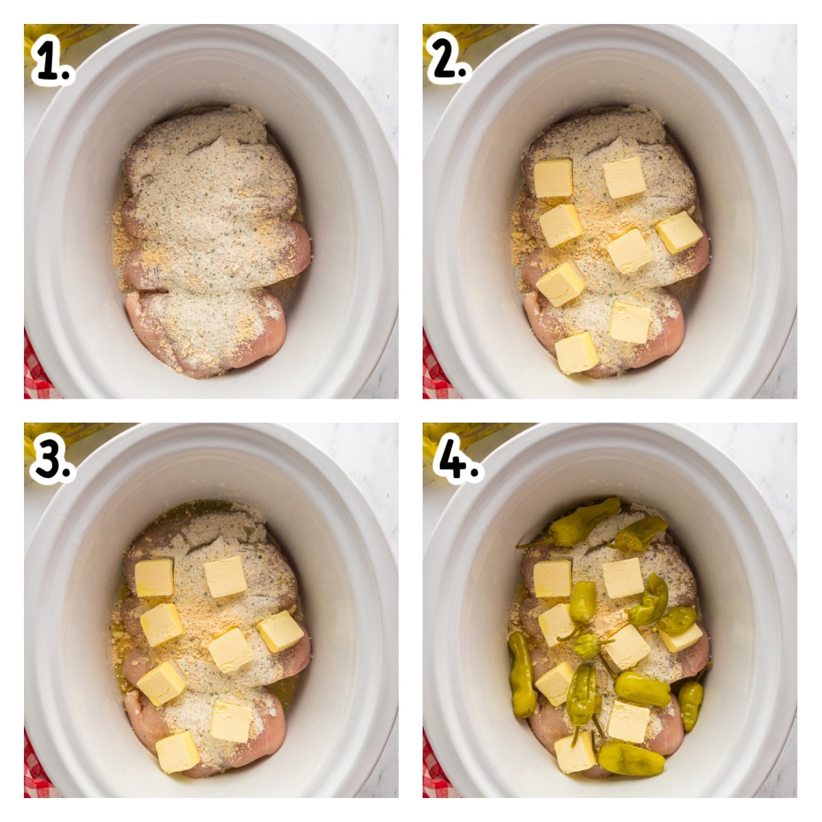 four images showing how to make mississippi chicken in a slow cooker.