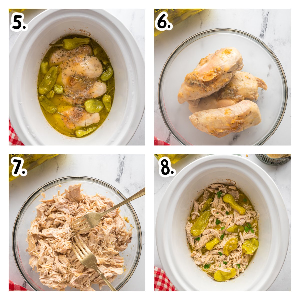 four images showing how to make slow cooker mississippi chicken.