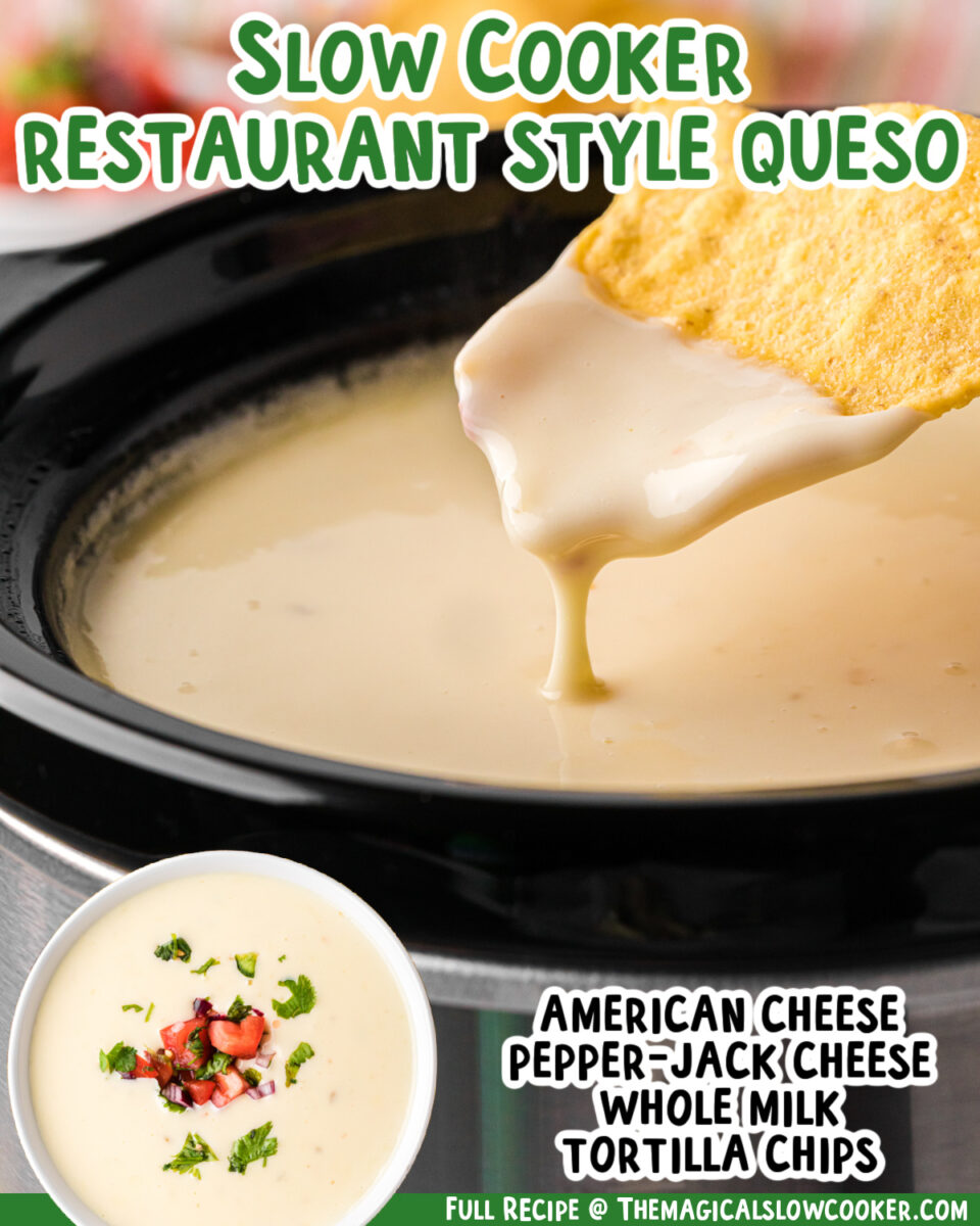 two images of slow cooker restaurant style queso with text list of ingredients.