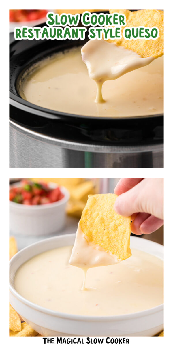 two images of slow cooker restaurant style queso with text title overlay.