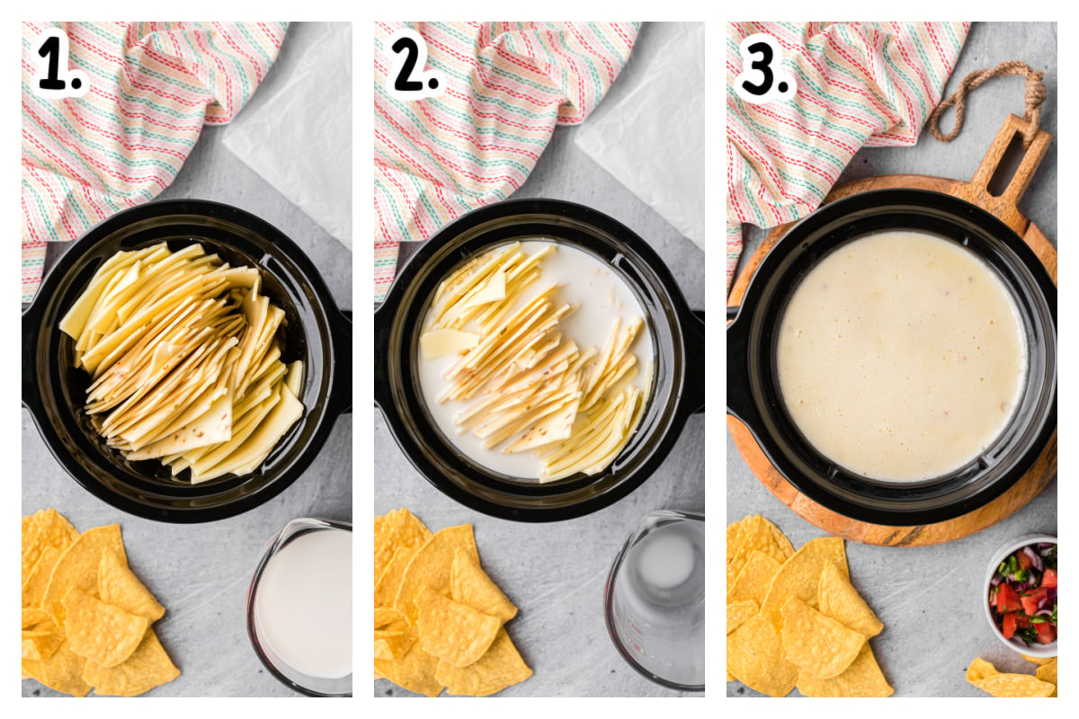 three images showing how to make slow cooker restaurant style queso.