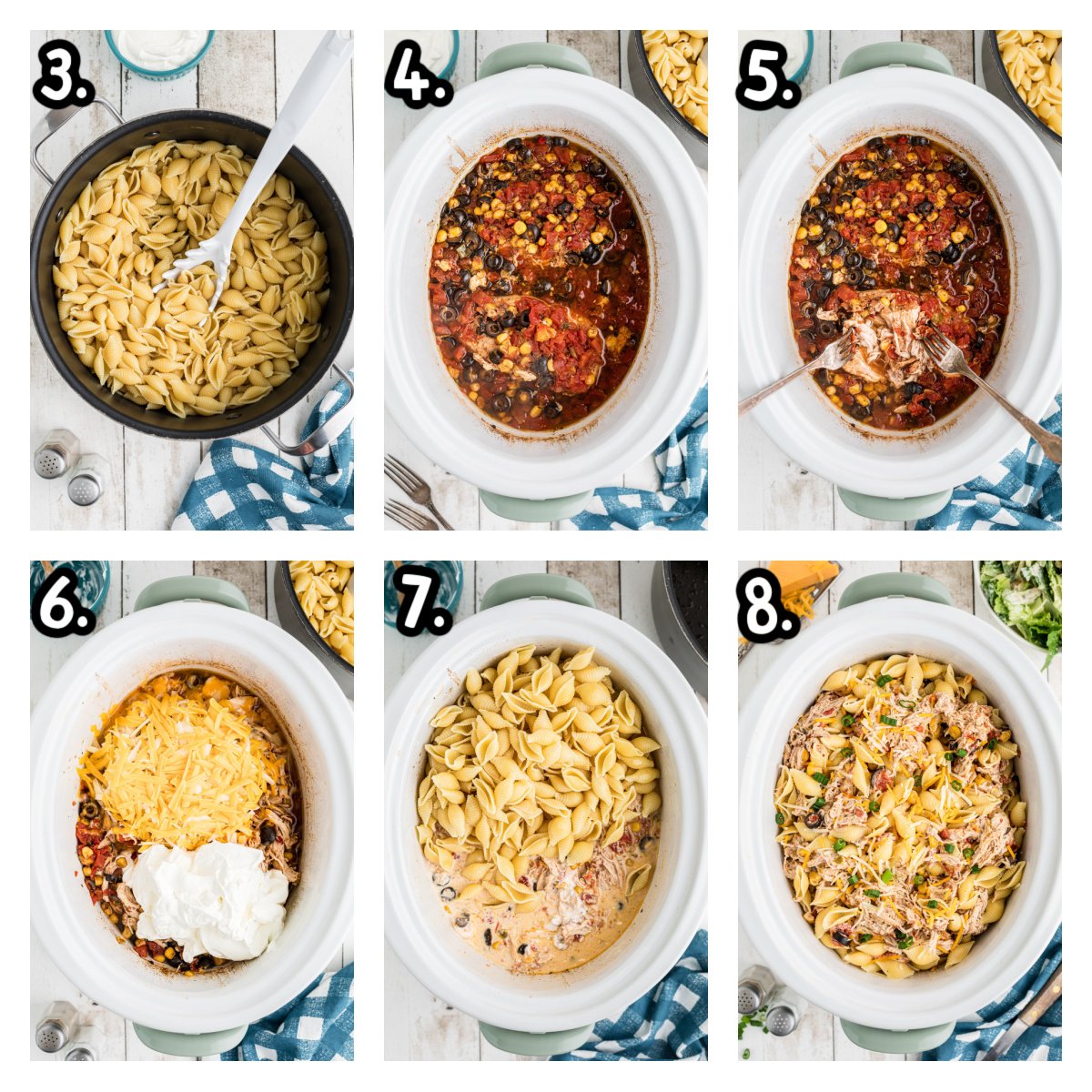 six images showing how to make crockpot southwestern cheesy chicken pasta.