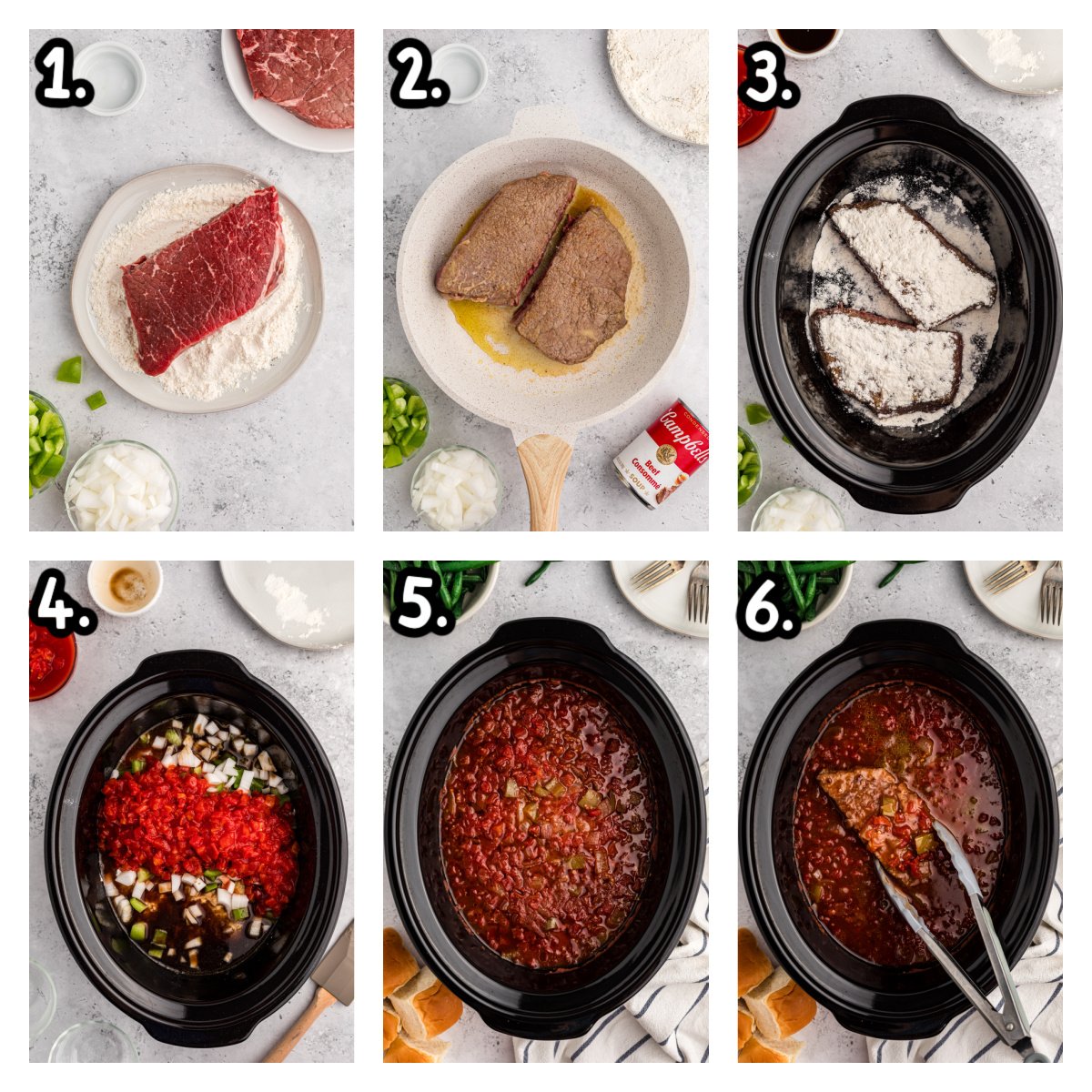 six images showing how to make swiss steak in a crockpot.