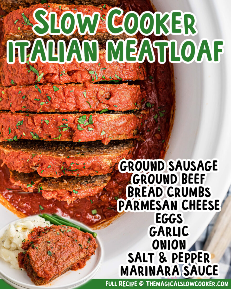 two images of slow cooker Italian meatloaf with text list of ingredients.