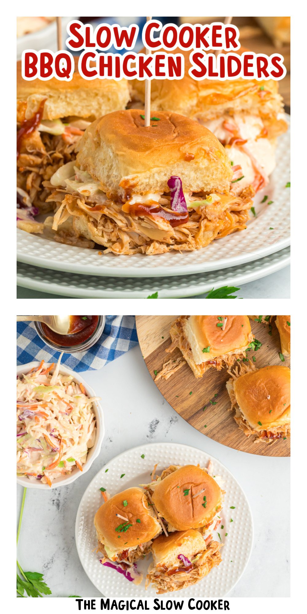 two images of slow cooker bbq chicken sliders with text overlay.