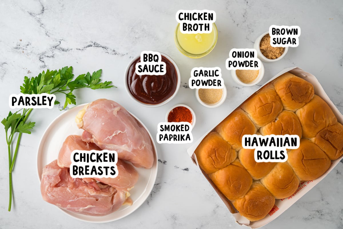 ingredients for slow cooker bbq chicken sliders on a table.