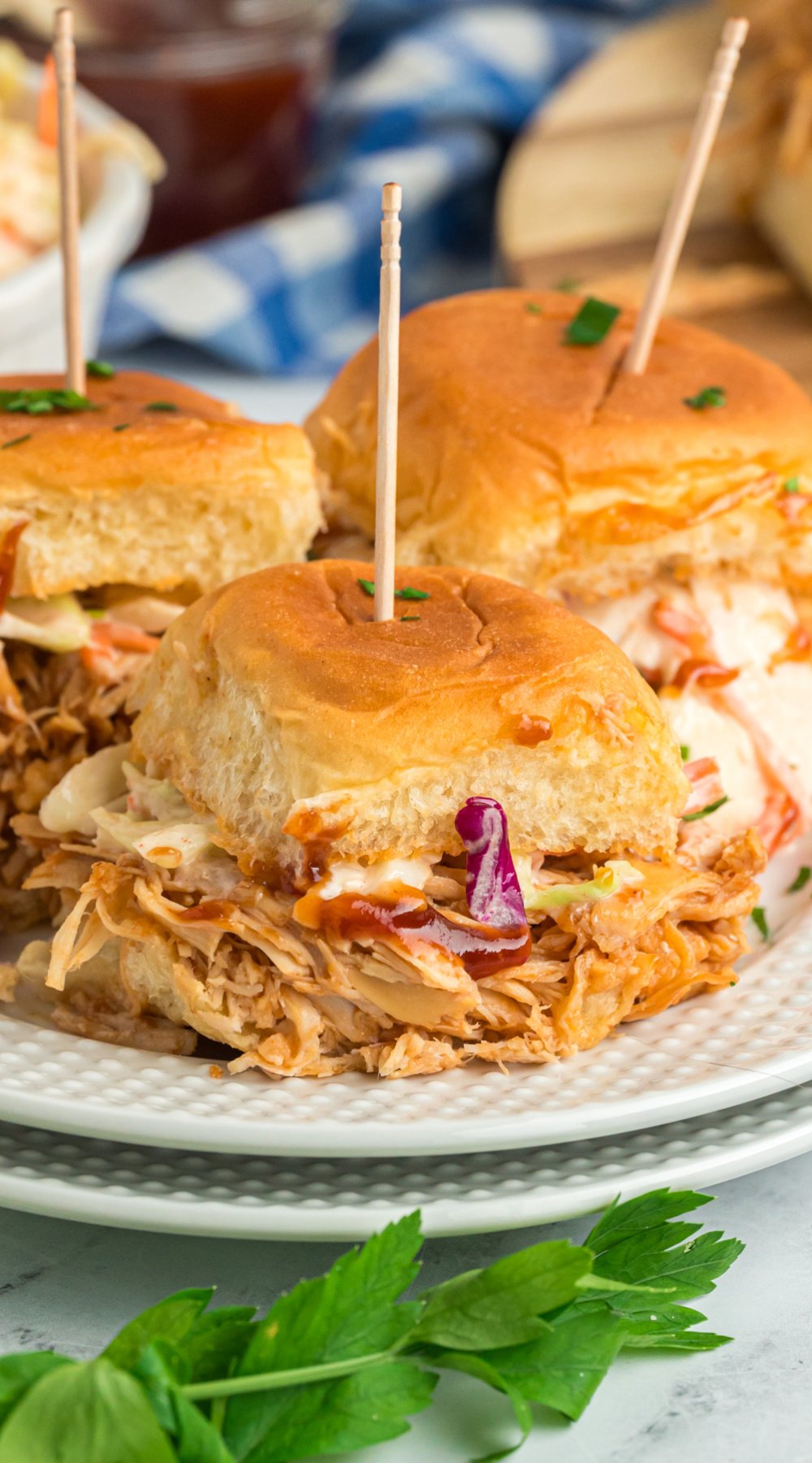 long image of slow cooker bbq chicken sliders.