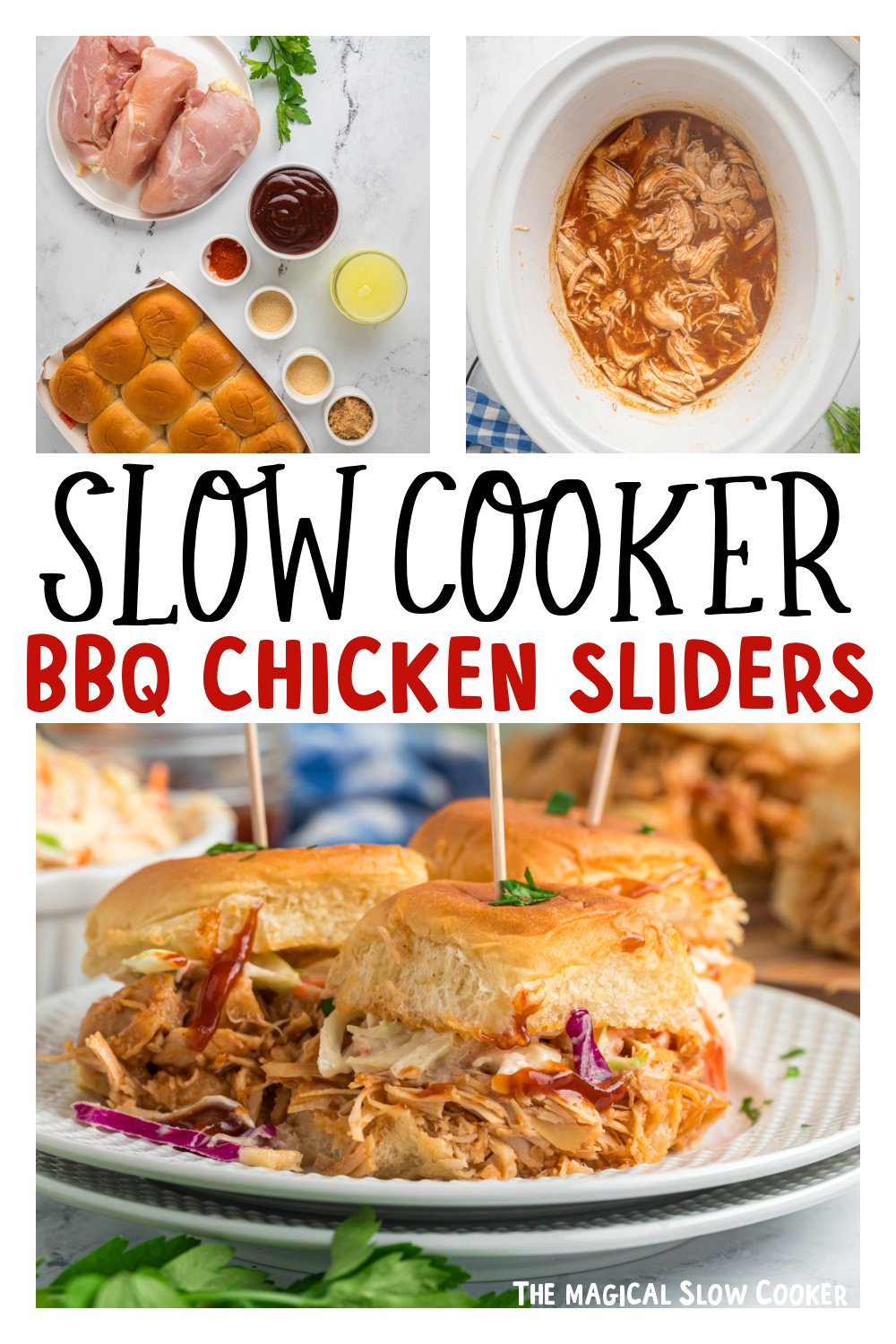three images of slow cooker bbq chicken sliders.