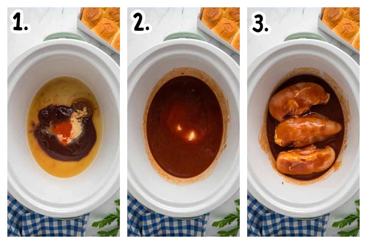 three images showing how to make slow cooker bbq chicken sliders.