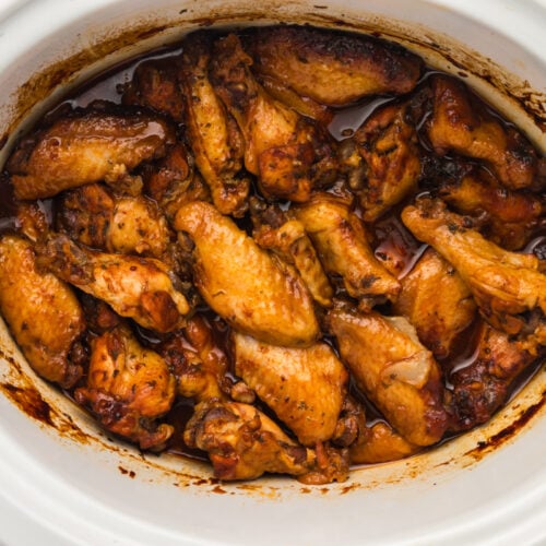 overhead of slow cooker BBQ chicken wings.
