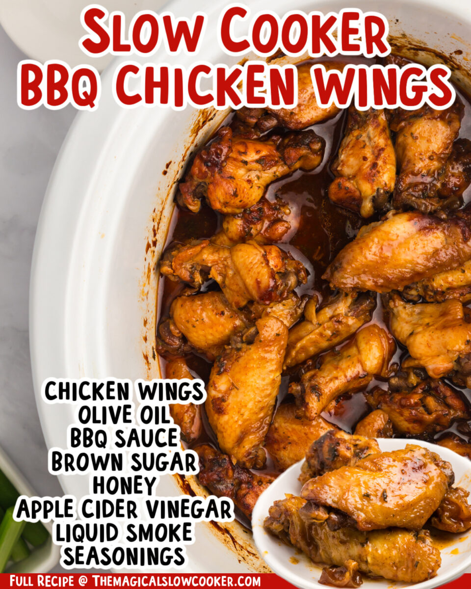 two images of slow cooker bbq chicken wings with text list of ingredients.