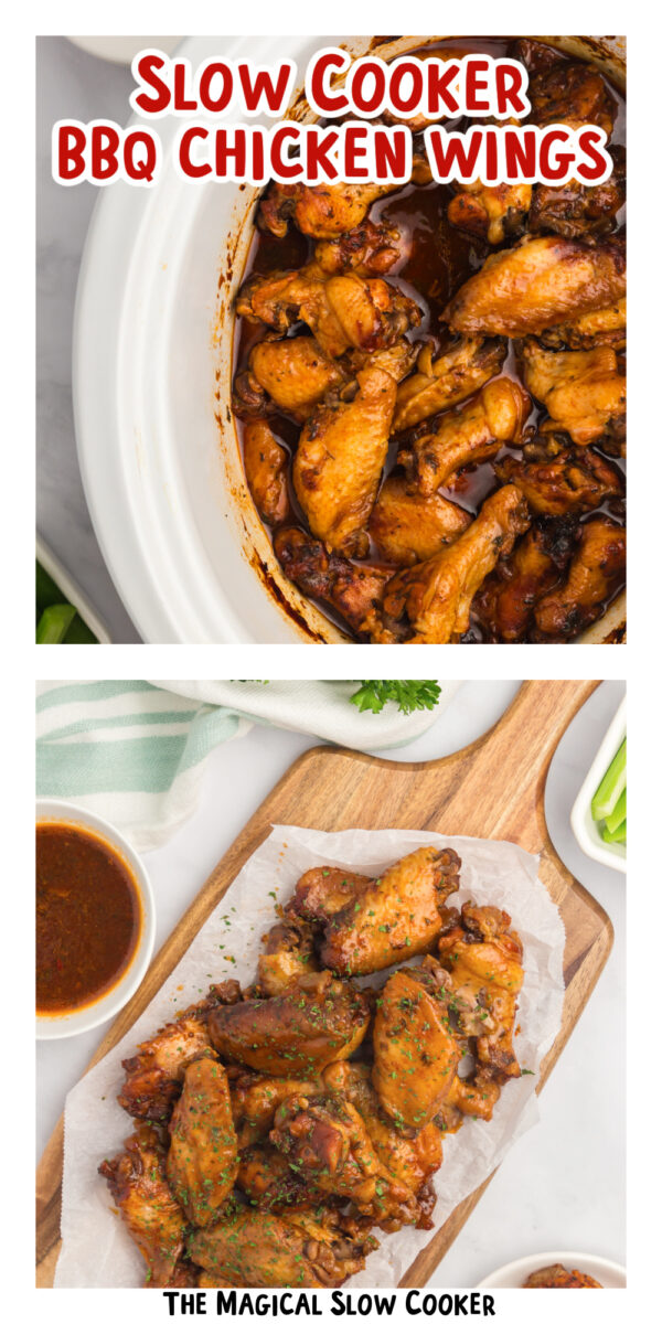 two images of slow cooker bbq chicken wings with text overlay.