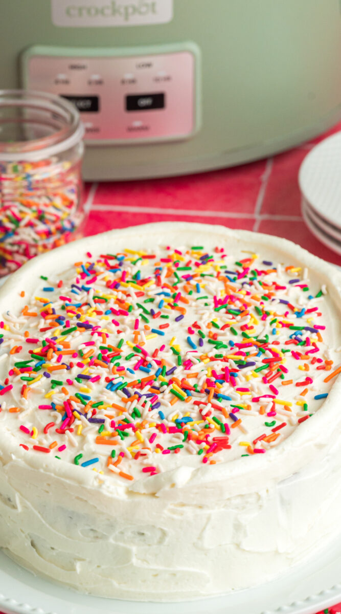 long image of slow cooker birthday cake.