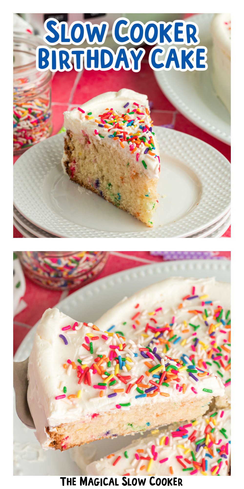 two images of slow cooker birthday cake with text overlay.