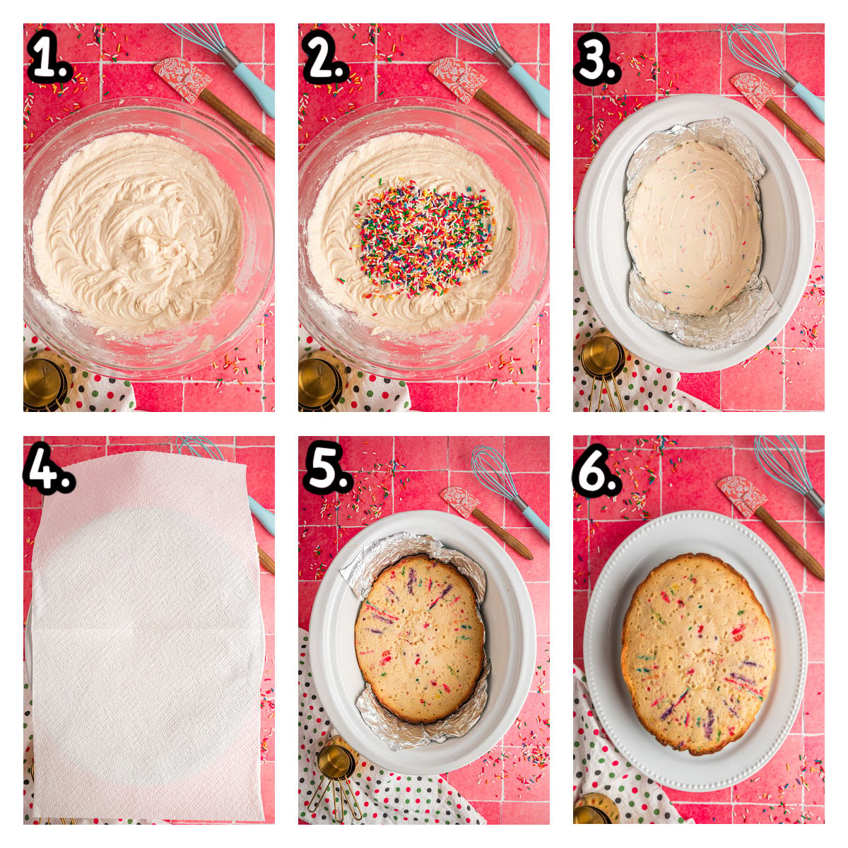 six images showing how to make slow cooker birthday cake.