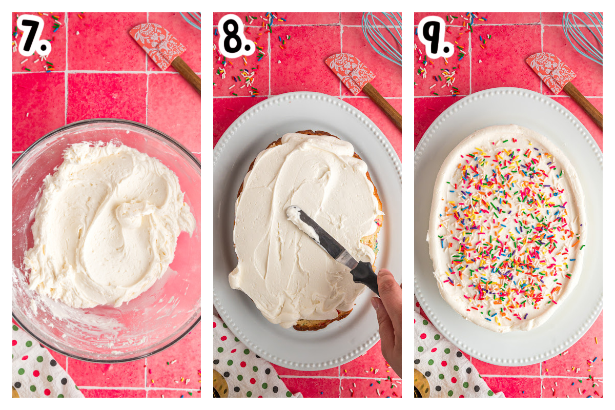 three images showing how to make slow cooker birthday cake.