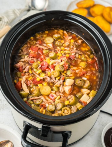 overhead of Brunswick stew in a slow cooker.