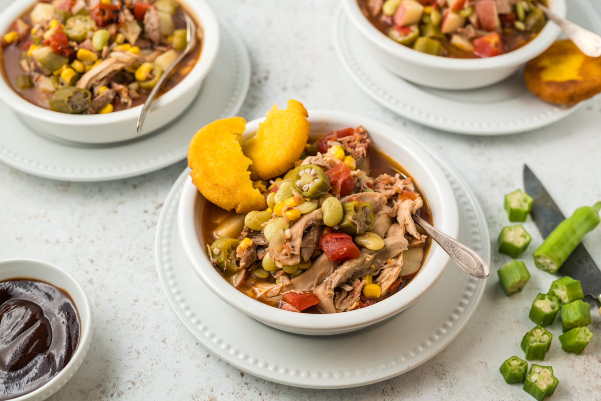 three bowls of slow cooker Brunswick stew.