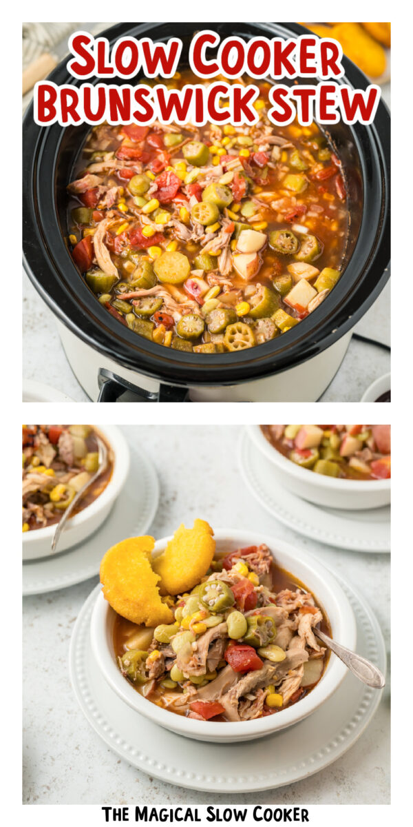 two images of slow cooker Brunswick stew with text overlay.