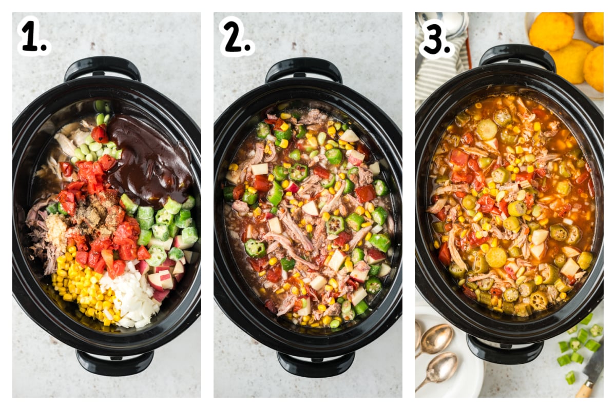 three images showing how to make slow cooker Brunswick stew.