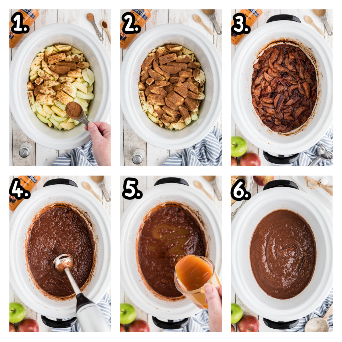 six images showing how to make slow cooker caramel apple butter.