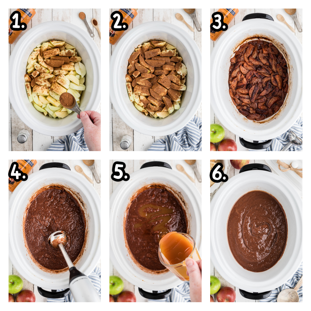six images showing how to make slow cooker caramel apple butter. 