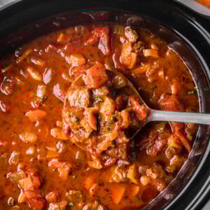 overhead shot of slow cooker hearty italian beef soup.