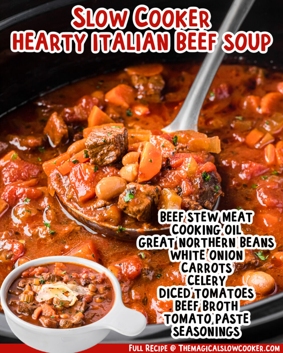 two images of slow cooker hearty italian beef soup with text list of ingredients.