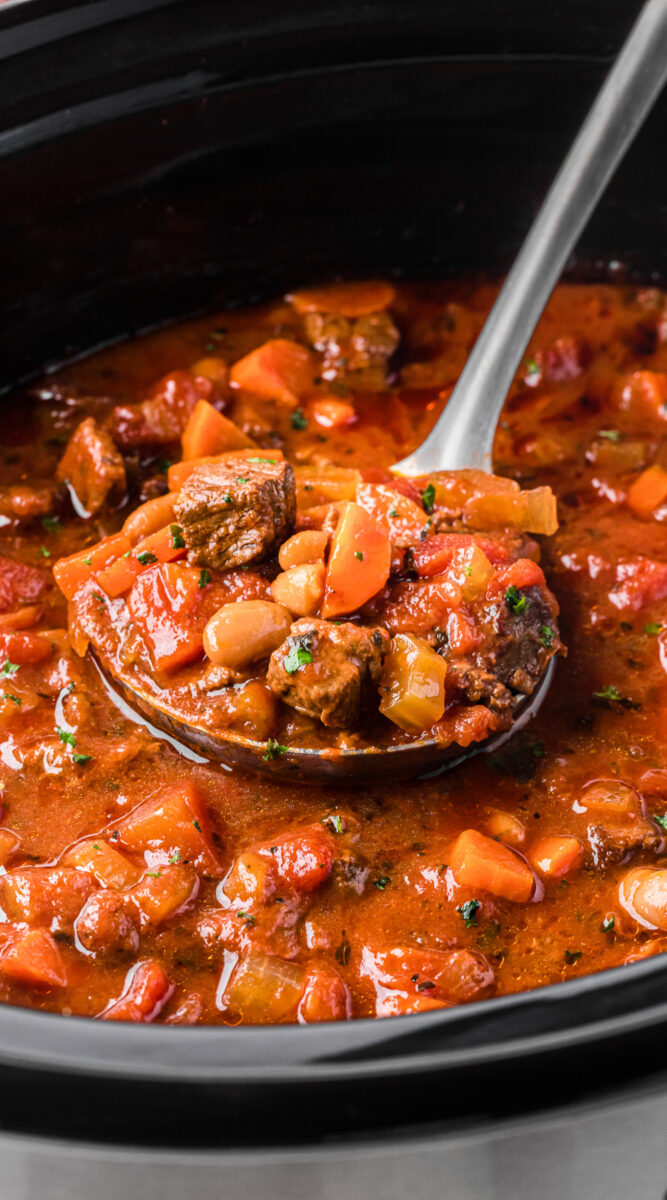 long image of slow cooker hearty italian beef soup.