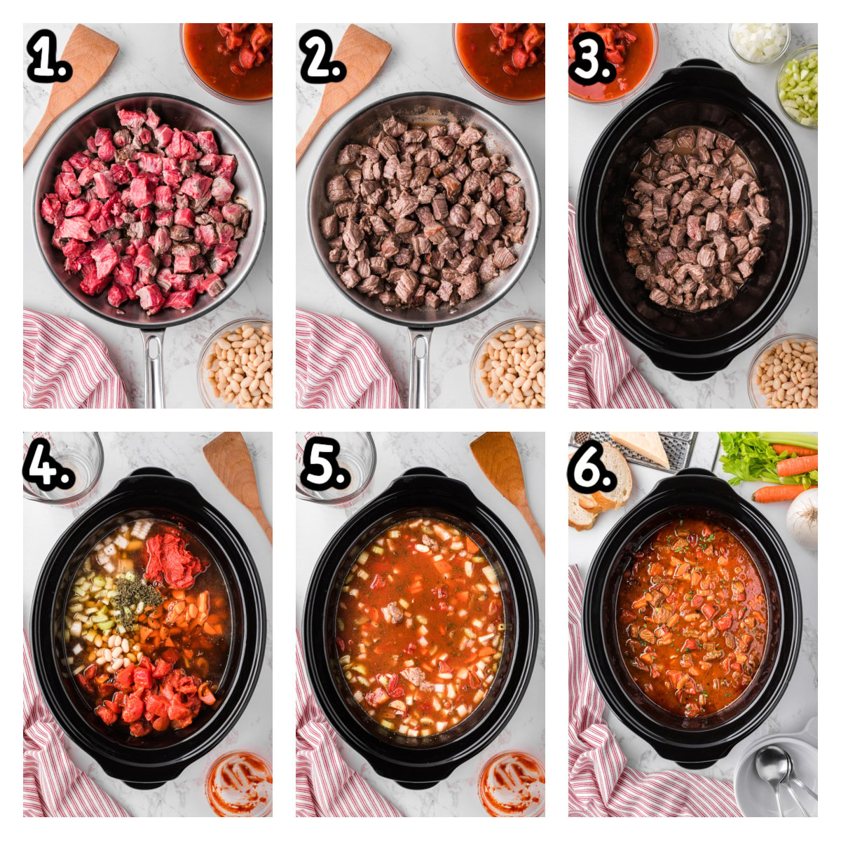 six images showing how to make slow cooker hearty italian beef soup.