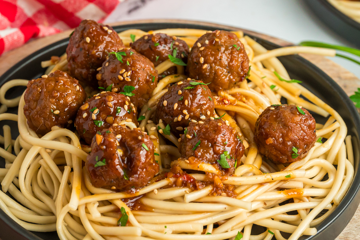 close-up of serving of slow cooker honey garlic meatballs.