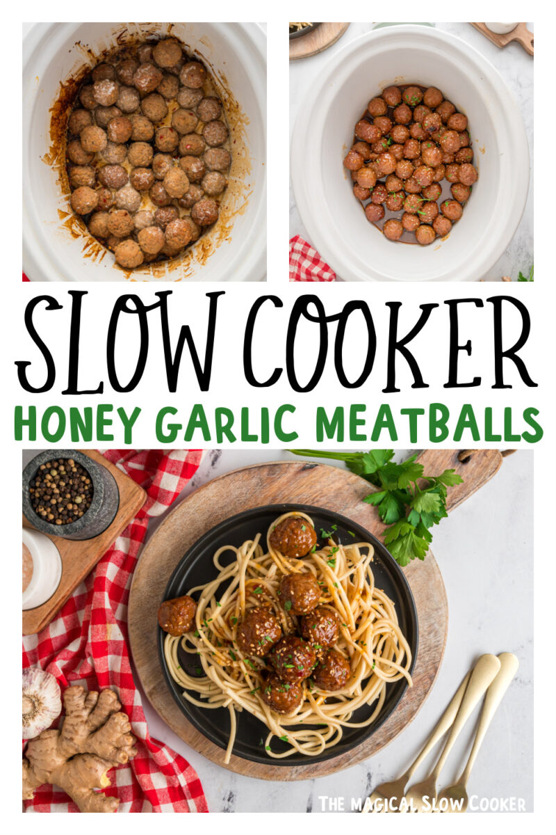 three images of slow cooker honey garlic meatballs for pinterest.