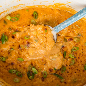 overhead of slow cooker hot shrimp dip.