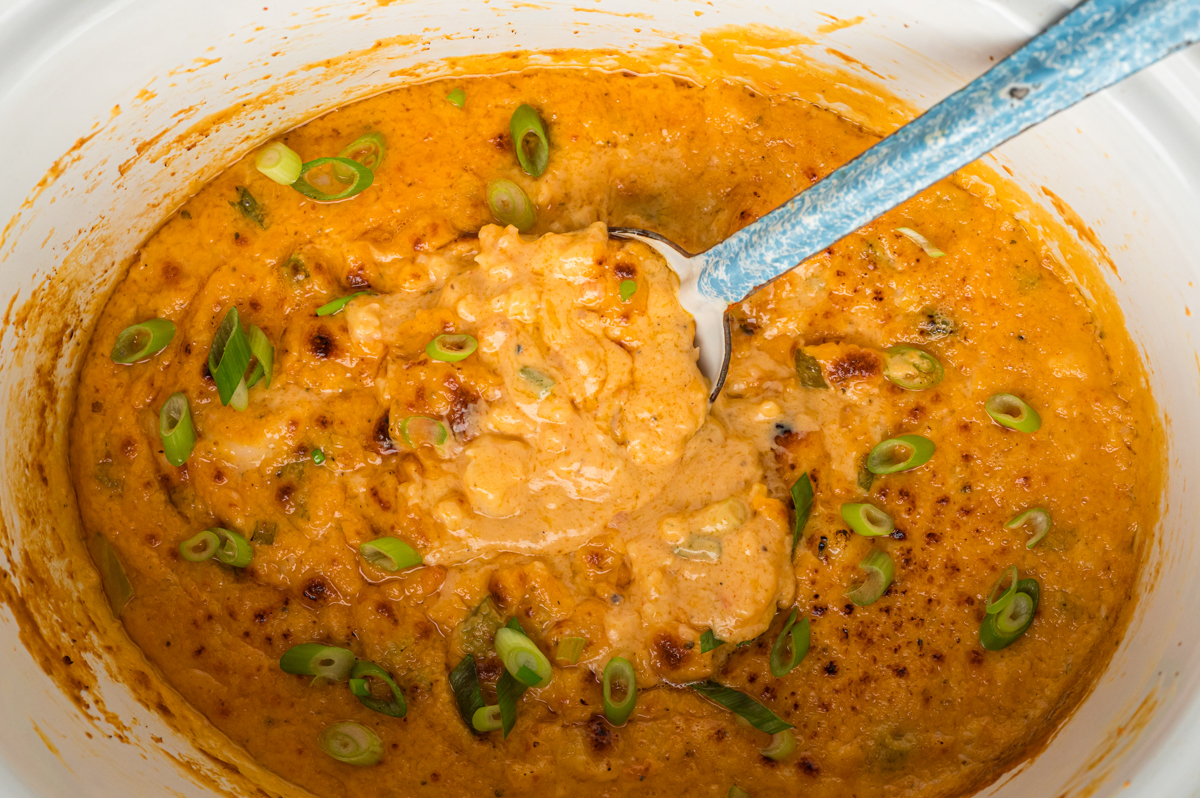 overhead of slow cooker hot shrimp dip.