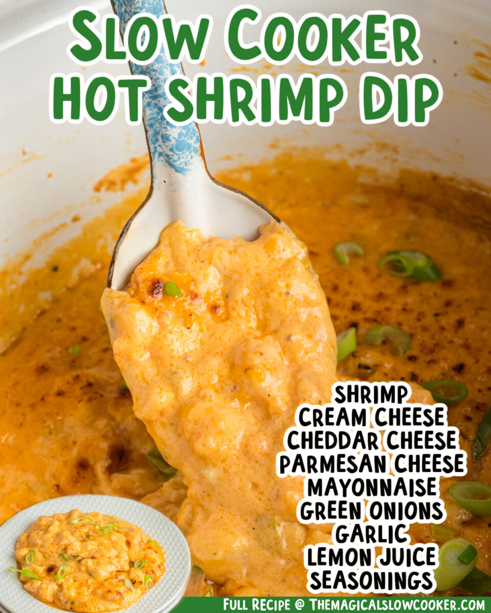 two images of slow cooker hot shrimp dip with text list of ingredients.