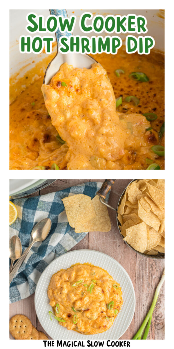 two images of slow cooker hot shrimp dip with text overlay.