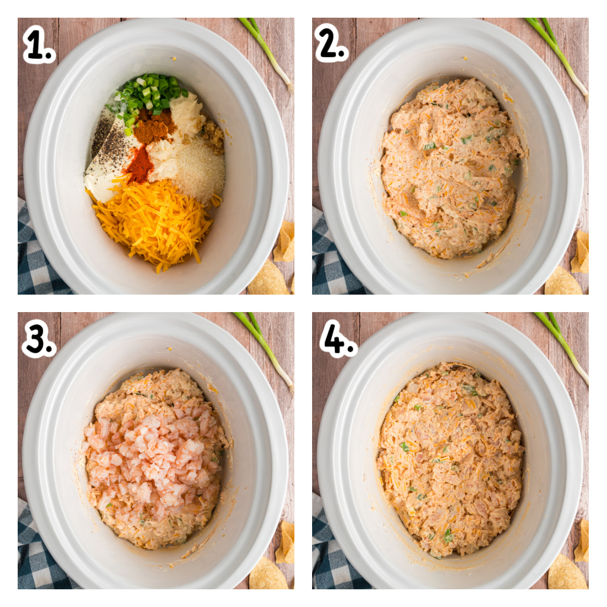 four images showing how to make slow cooker hot shrimp dip.