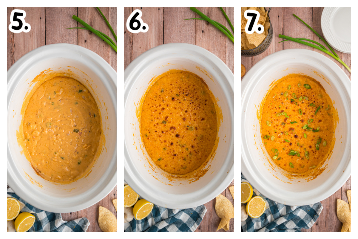 three images showing how to make slow cooker hot shrimp dip.