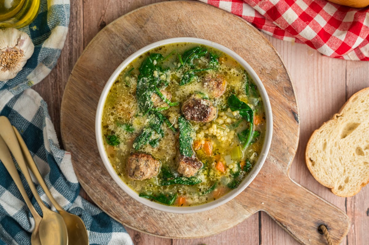 overhead of bowl of slow cooker italian wedding soup.