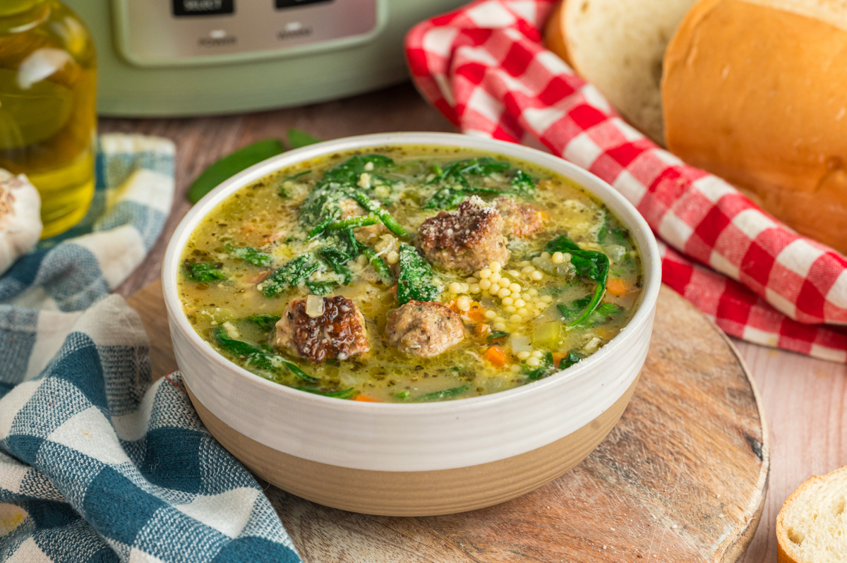 serving of slow cooker italian wedding soup in a bowl.