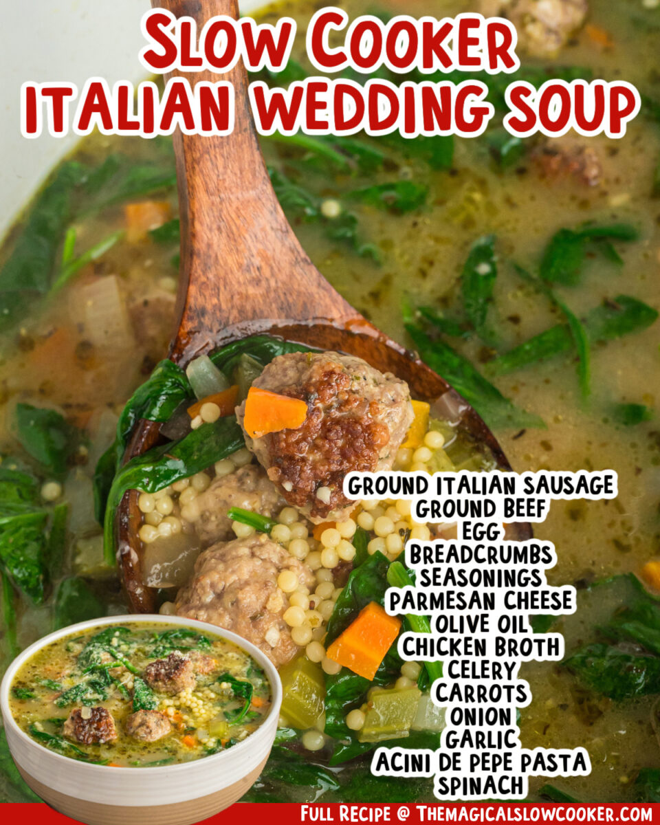 two images of slow cooker italian wedding soup with text list of ingredients.